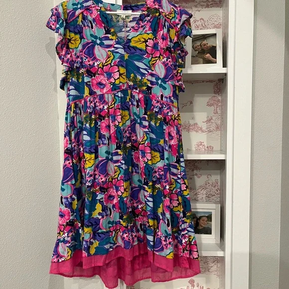 Umgee Pink and Blue Casual Sundress with V-neck Flutter Sleeves - Picture 1 of 6